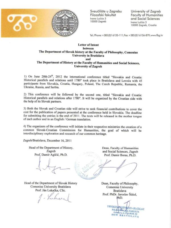 Agreement on cooperation between the Department of Slovak History, Faculty of Arts, Comenius University and the Department of History, Faculty of Arts, University of Zagreb – English version